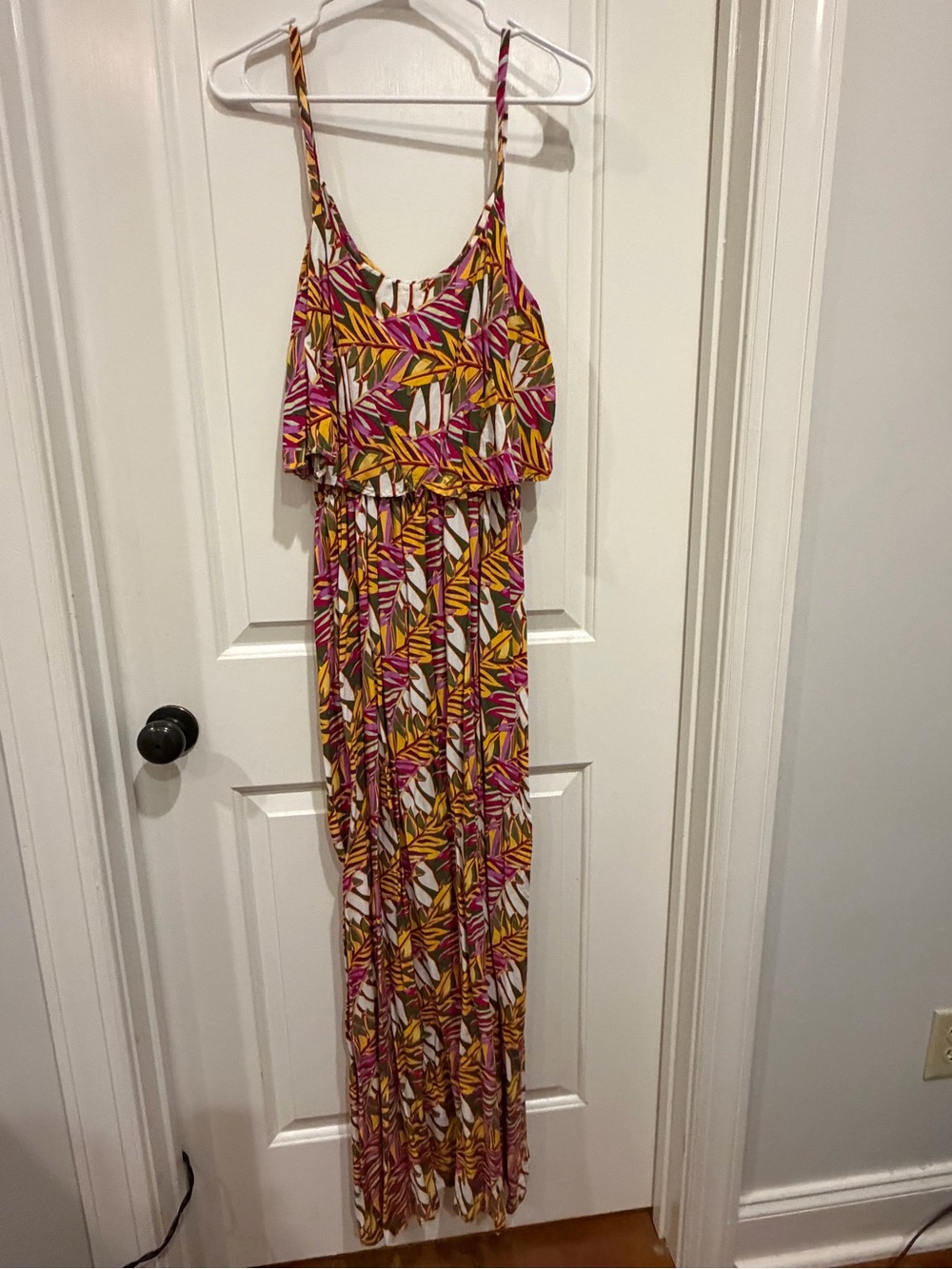 Tropical Leaf Print Maxi Dress in Pink & Mustard